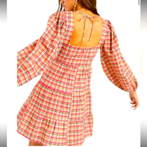 NWT TOPSHOP check Plaid Puff Sleeve mini smoke woman's Dress - Picture 12 of 12